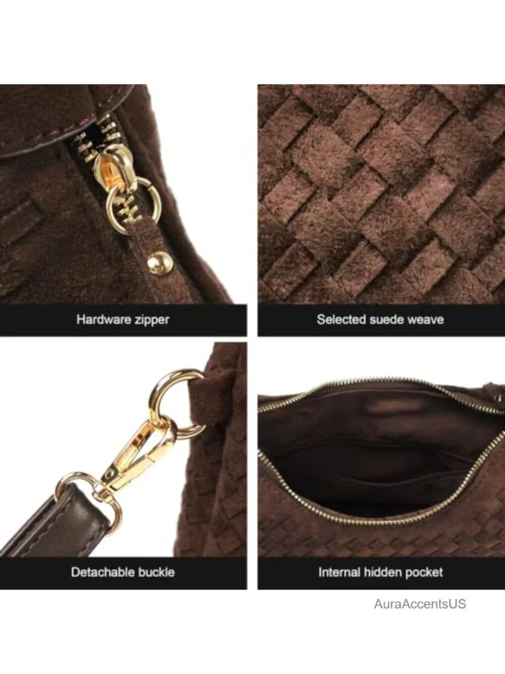 Woven Faux Suede Hobo Satchel Shoulder Bag with Tassel Detachable Crossbody